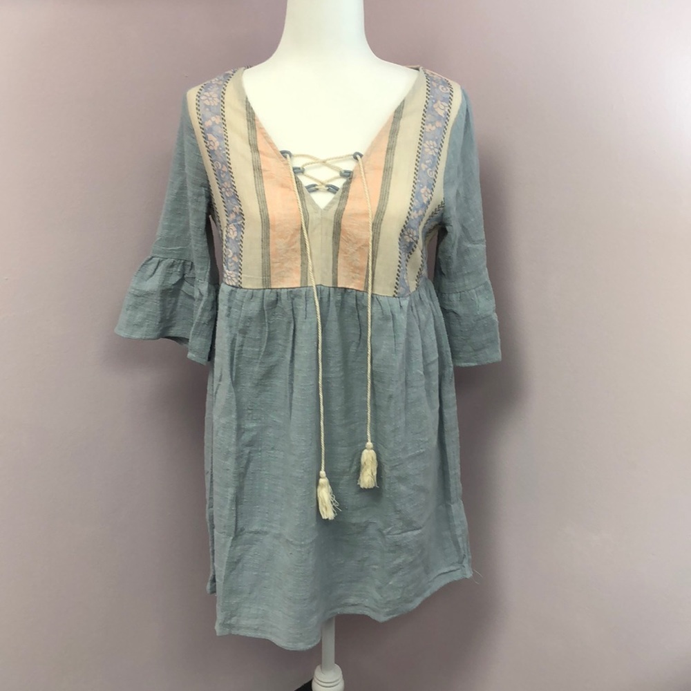 Babydoll Blue Dress with Tassel front - Picture 2 of 9